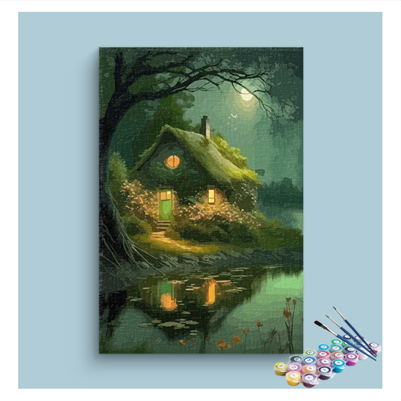 DIY Painting Kit -Moonlit Cottage by the Lake Paint by Numbers Kit