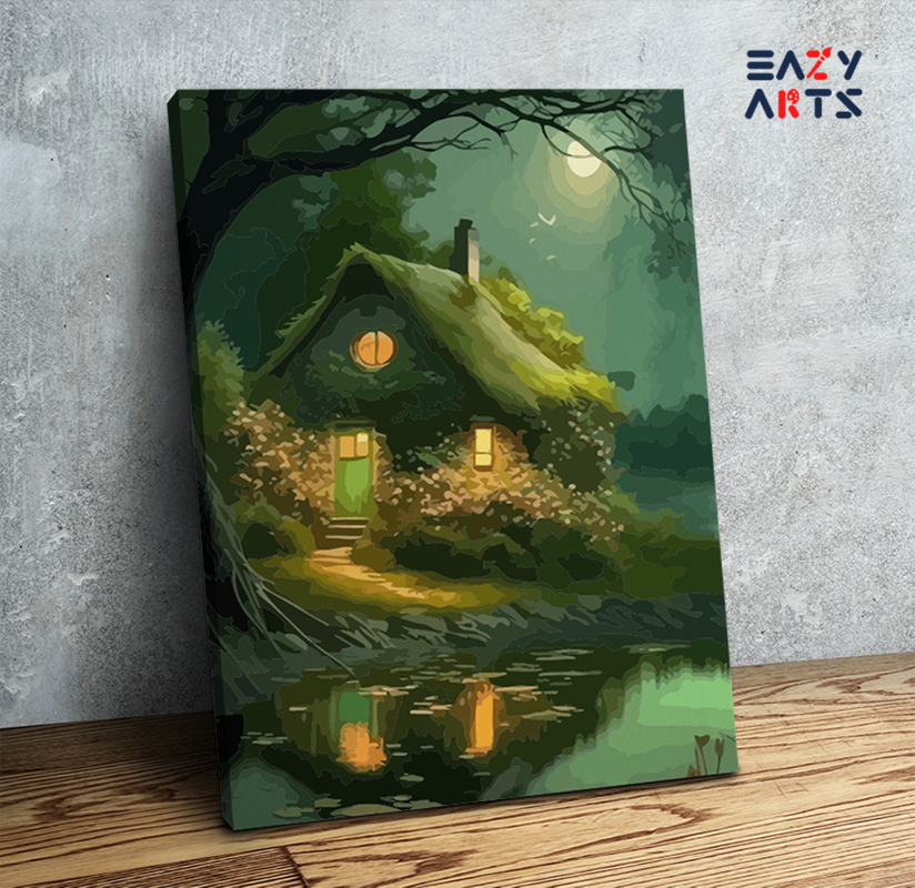 DIY Paint by numbers kit - Moonlit Cottage by the Lake Paint by Numbers Kit