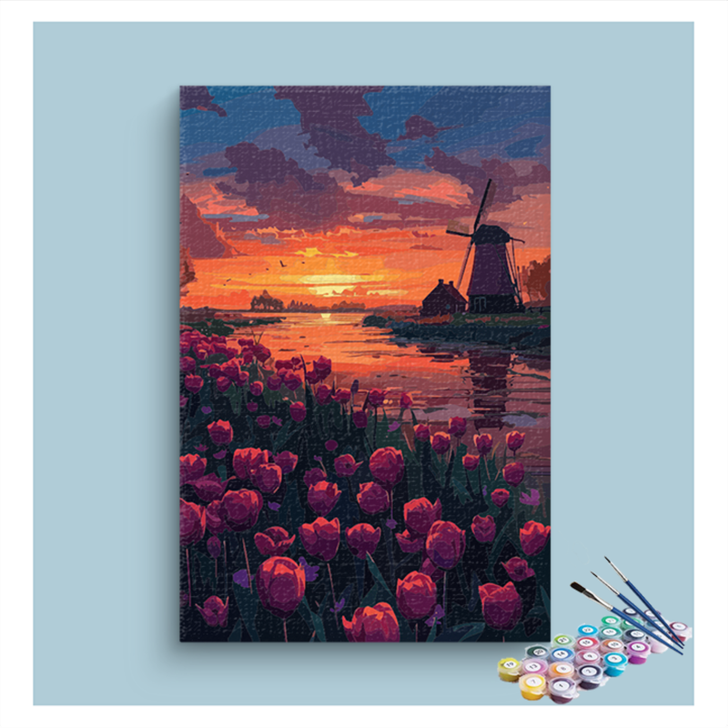 DIY Painting Kit -Sunset Over Tulip Fields and Windmill Paint by Numbers Kit