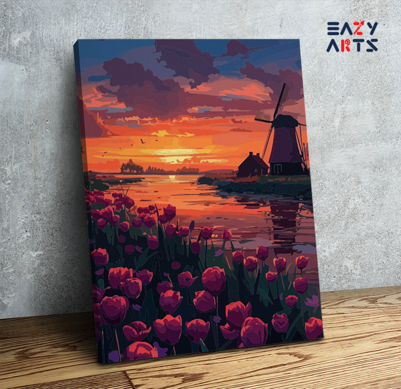 DIY Paint by numbers kit - Sunset Over Tulip Fields and Windmill Paint by Numbers Kit