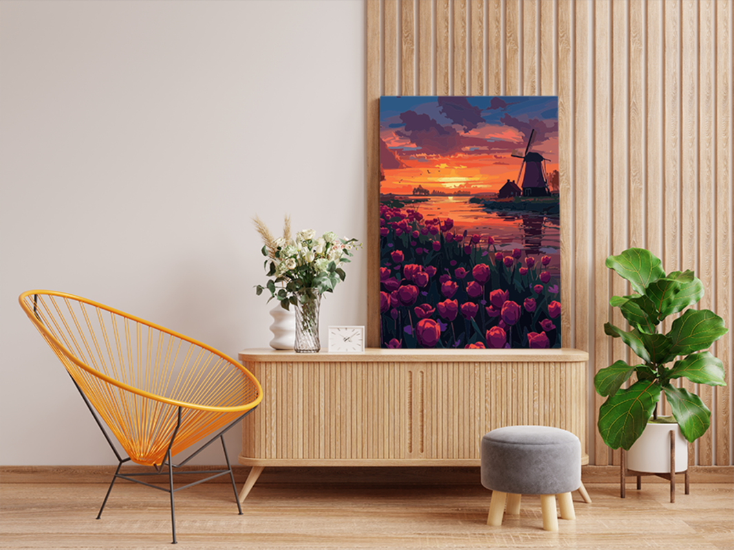 DIY PBN Kit - Sunset Over Tulip Fields and Windmill Paint by Numbers Kit