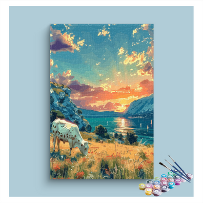DIY Painting Kit -Grazing Cow by Sunset Lakeside Paint by Numbers Kit