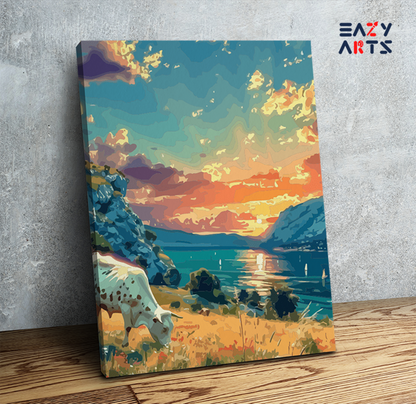 DIY Paint by numbers kit - Grazing Cow by Sunset Lakeside Paint by Numbers Kit