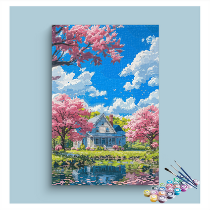 DIY Painting Kit -Springtime Cottage by the Lake Paint by Numbers Kit