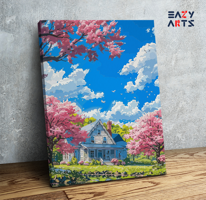 DIY Paint by numbers kit - Springtime Cottage by the Lake Paint by Numbers Kit