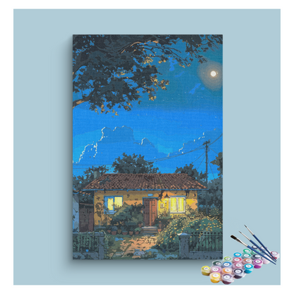 DIY Painting Kit -Moonlit Cottage Night Landscape Paint by Numbers Kit