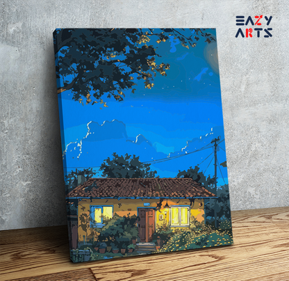 DIY Paint by numbers kit - Moonlit Cottage Night Landscape Paint by Numbers Kit