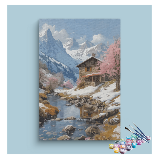 DIY Painting Kit -Mountain Cabin by River Paint by Numbers Kit