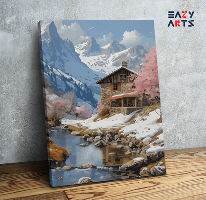DIY Paint by numbers kit - Mountain Cabin by River Paint by Numbers Kit