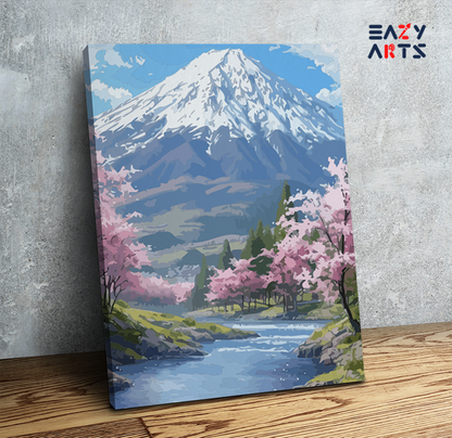 DIY Paint by numbers kit - Cherry Blossom Mountain View Paint by Numbers Kit