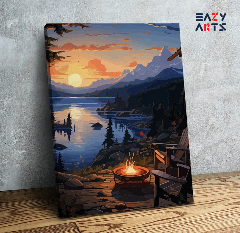 DIY Paint by numbers kit - Lakeside Sunset Campfire Paint by Numbers Kit