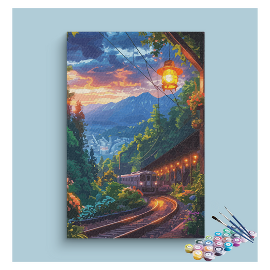 DIY Painting Kit -Sunset Mountain Train Ride Paint by Numbers Kit
