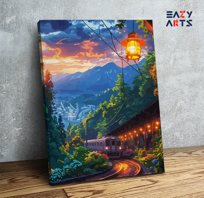 DIY Paint by numbers kit - Sunset Mountain Train Ride Paint by Numbers Kit