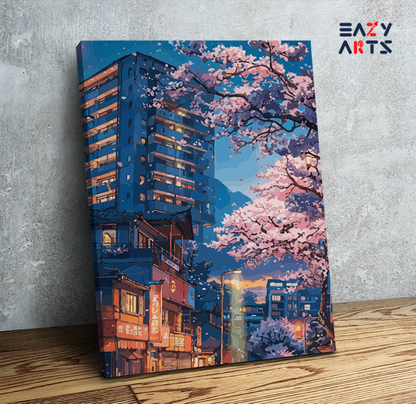 DIY Paint by numbers kit - Cherry Blossom City Lights Paint by Numbers Kit