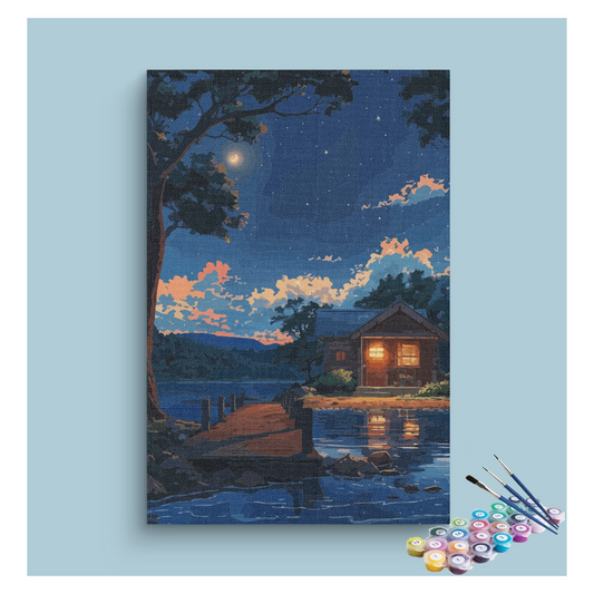 DIY Painting Kit -Starlit Cabin by the Lake Paint by Numbers Kit