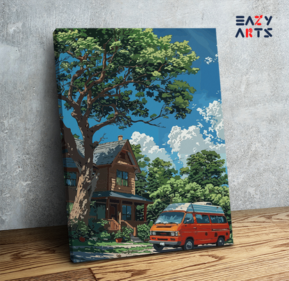 DIY Paint by numbers kit - Cozy Cabin with Camper Van Paint by Numbers Kit
