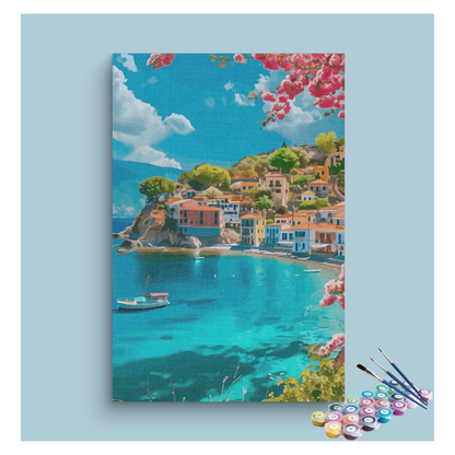 DIY Painting Kit -Seaside Mediterranean Village Landscape Paint by Numbers Kit