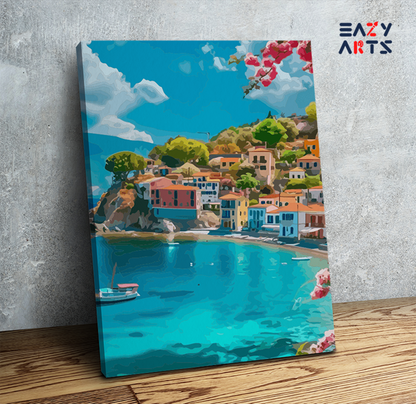 DIY Paint by numbers kit - Seaside Mediterranean Village Landscape Paint by Numbers Kit