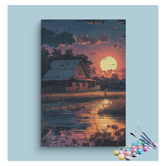 DIY Painting Kit -Rustic Cabin Sunset by the Lake Paint by Numbers Kit