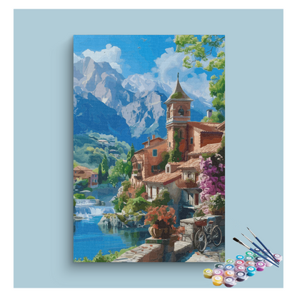 DIY Painting Kit -Charming Village by the Mountains Paint by Numbers Kit