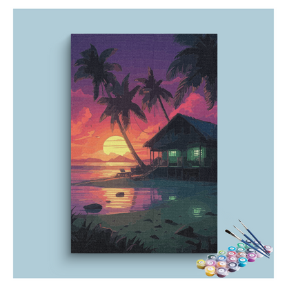 DIY Painting Kit -Tropical Sunset Beach Hut Paint by Numbers Kit