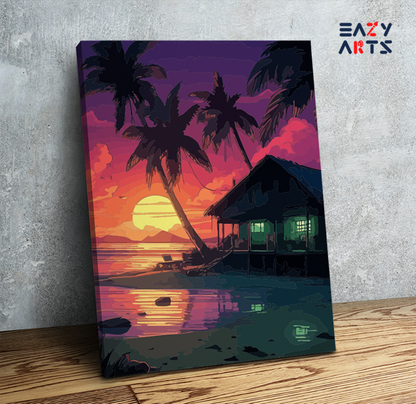 DIY Paint by numbers kit - Tropical Sunset Beach Hut Paint by Numbers Kit