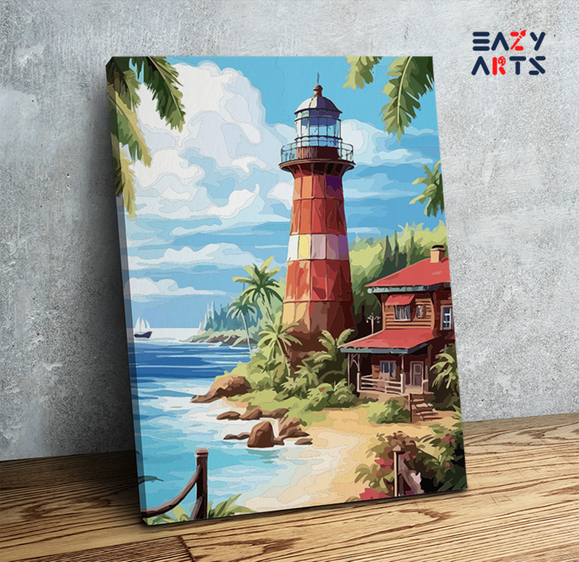 DIY Paint by numbers kit - Tropical Lighthouse by the Sea Paint by Numbers Kit