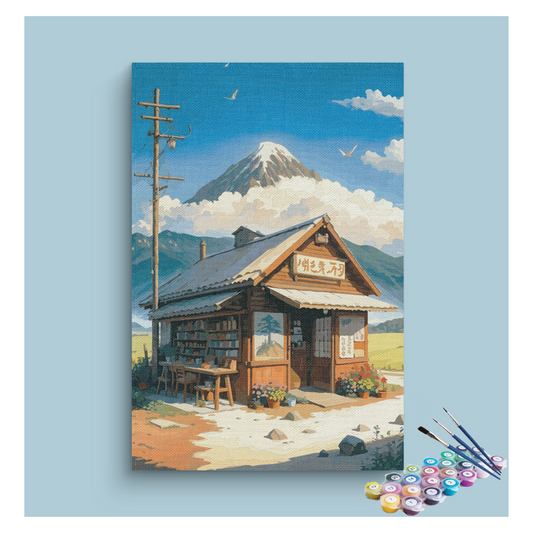 DIY Painting Kit -Rustic Bookshop with Mountain View Paint by Numbers Kit