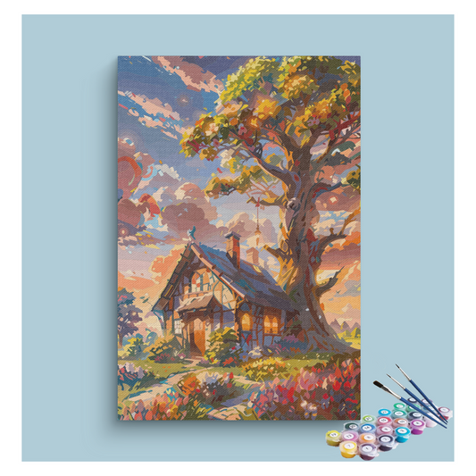 DIY Painting Kit -Whimsical Cottage at Sunset Paint by Numbers Kit