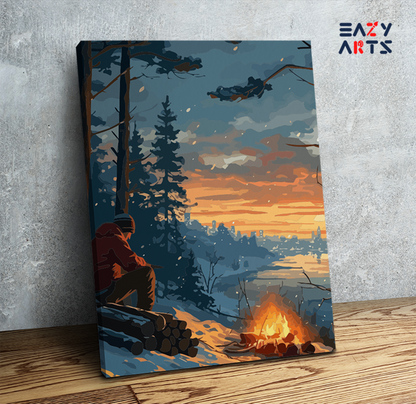 DIY Paint by numbers kit - Winter Campfire at Sunset Paint by Numbers Kit