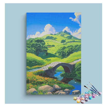 DIY Painting Kit -Serenity in the Hills: Bridge and Meadows Paint by Numbers Kit