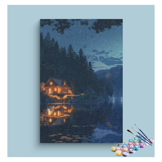DIY Painting Kit -Starry Night Cabin Reflection Paint by Numbers Kit