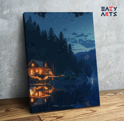 DIY Paint by numbers kit - Starry Night Cabin Reflection Paint by Numbers Kit