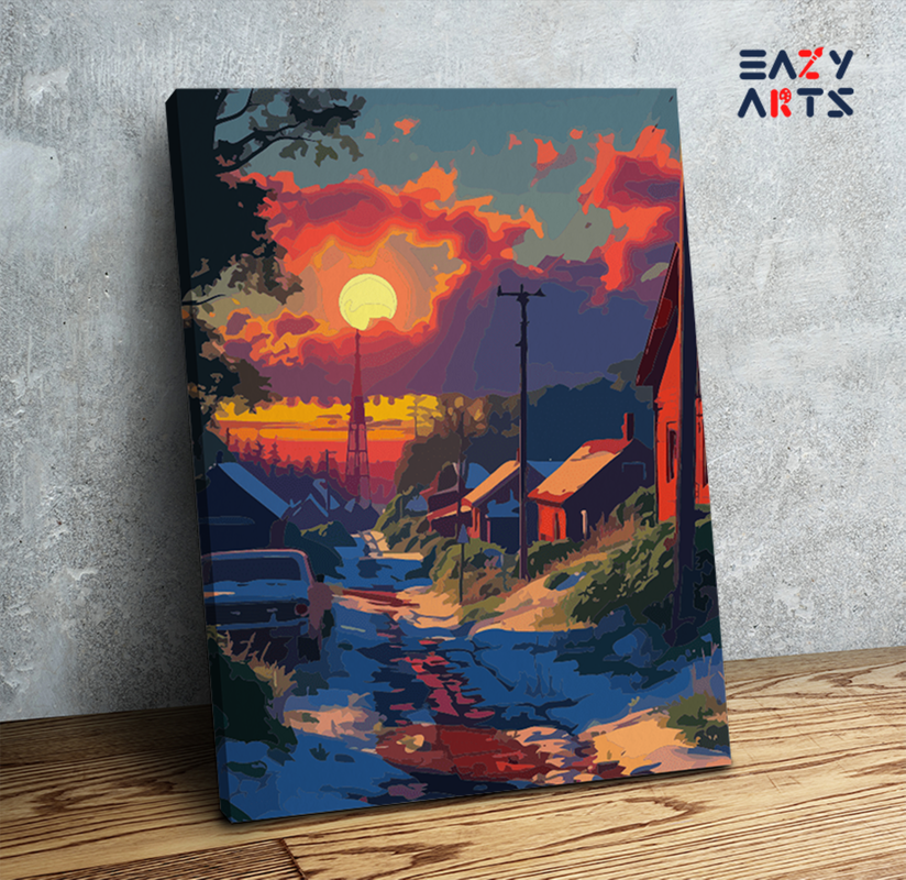 DIY Paint by numbers kit - Fiery Sunset Village Paint by Numbers Kit