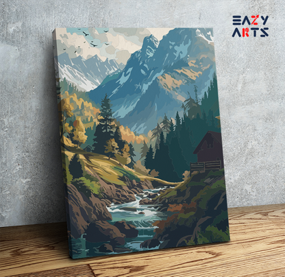DIY Paint by numbers kit - Mountain Stream Cabin Paint by Numbers Kit