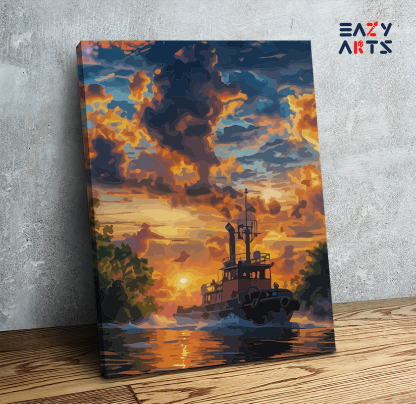 DIY Paint by numbers kit - Fiery Sunset Tugboat Paint by Numbers Kit