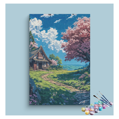 DIY Painting Kit -Tranquil Cottage with Blossoms Paint by Numbers Kit
