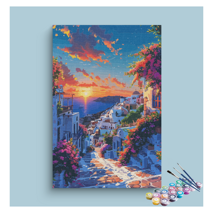 DIY Painting Kit -Sunset in Mediterranean Village Landscape Paint by Numbers Kit