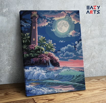 DIY Paint by numbers kit - Majestic Lighthouse Under Moonlit Waves Paint by Numbers Kit