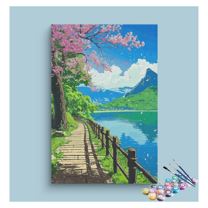 DIY Painting Kit -Cherry Blossom Lakeside Path Paint by Numbers Kit
