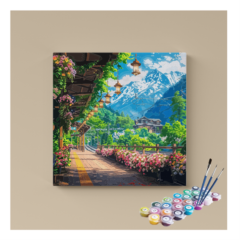 DIY Painting Kit -Mountain Floral Train Station Paint by Numbers Kit