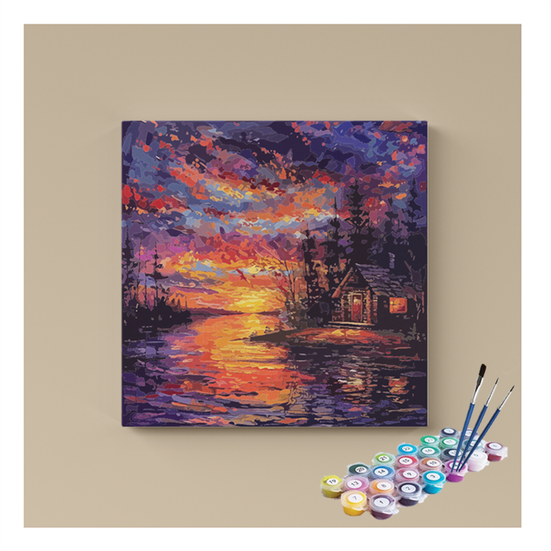 DIY Painting Kit -Sunset Cabin by the Lake Paint by Numbers Kit