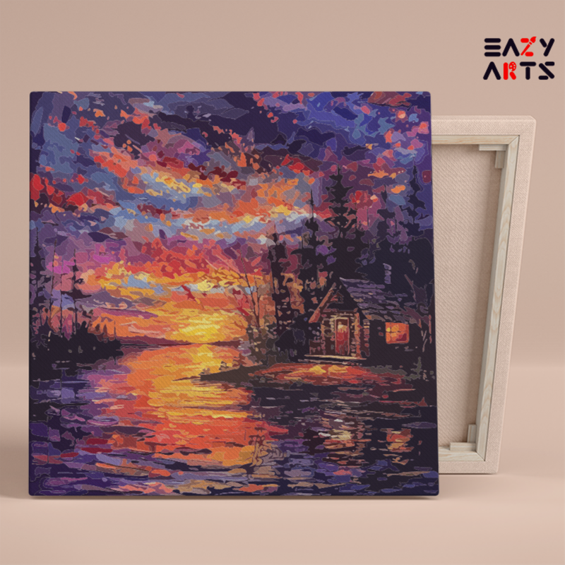 DIY Paint by numbers kit - Sunset Cabin by the Lake Paint by Numbers Kit