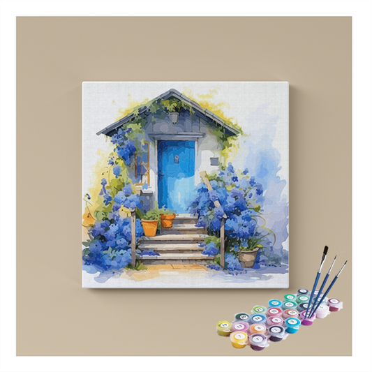 DIY Painting Kit -Cottage Garden with Blue Blooms Paint by Numbers Kit