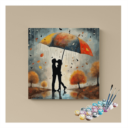 DIY Painting Kit -Romantic Kiss Under Umbrella: Autumn Love Paint by Numbers Kit