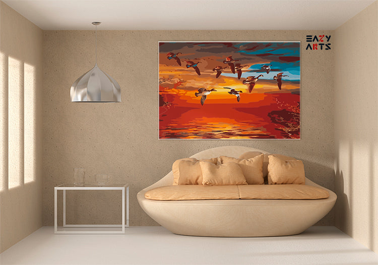DIY Paint by numbers kit - Flying Geese Over Sunset Lake Painting Kit