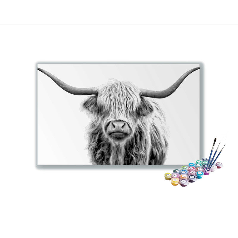 DIY Painting Kit -Majestic Highland Cow A Black and White Paint-by-Number Kit
