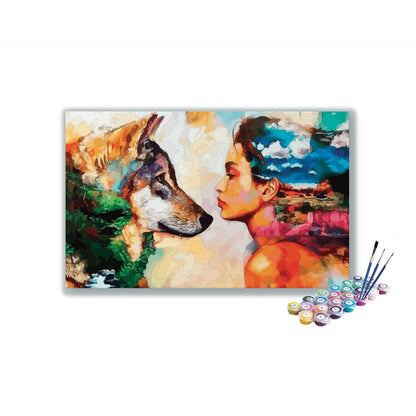 DIY Painting Kit -Nature’s Harmony: Wolf and Woman Fusion Paint by Number Kit