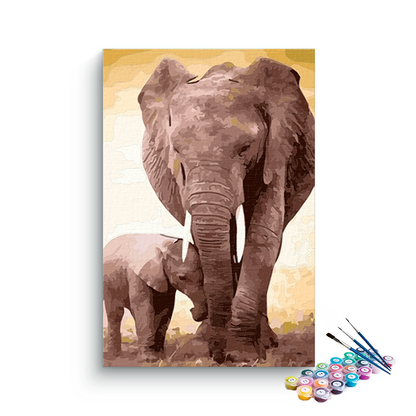 DIY Painting Kit -Sepia-Toned Elephant Mother and Calf Paint by Numbers Kit
