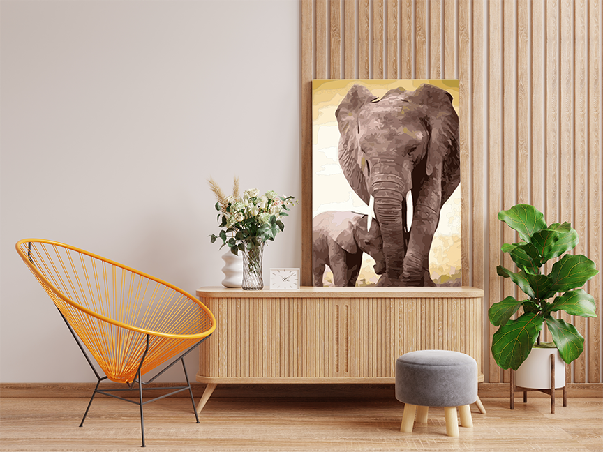 DIY Paint by numbers kit - Sepia-Toned Elephant Mother and Calf Paint by Numbers Kit